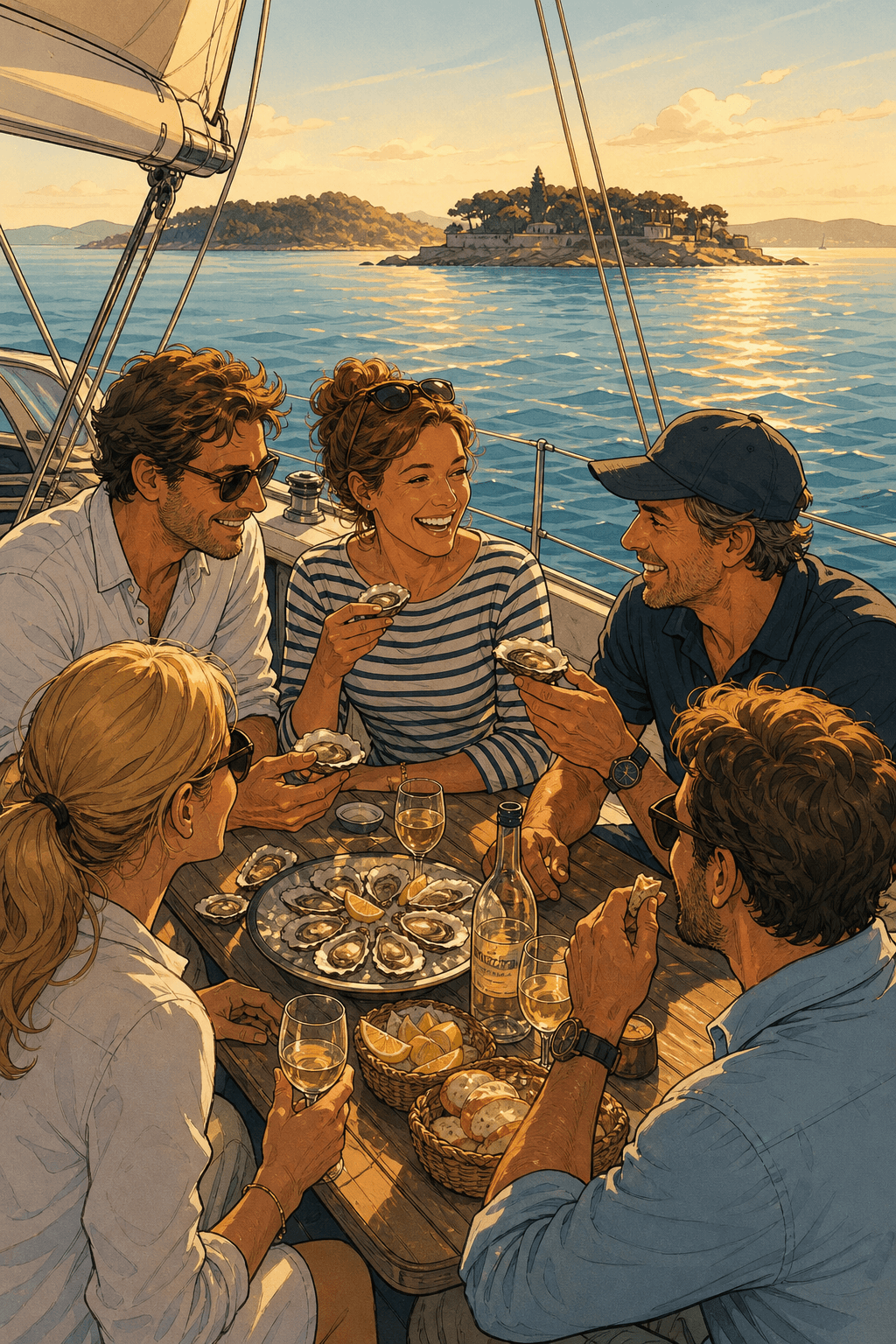 Illustration d'un repas convivial autour d'huitres partage sur un voilier.